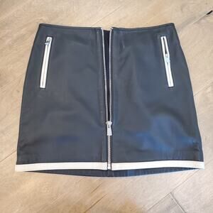 Pinko Genuine Leather Mini Skirt Black Size 4 Zip Front Ivory Trim